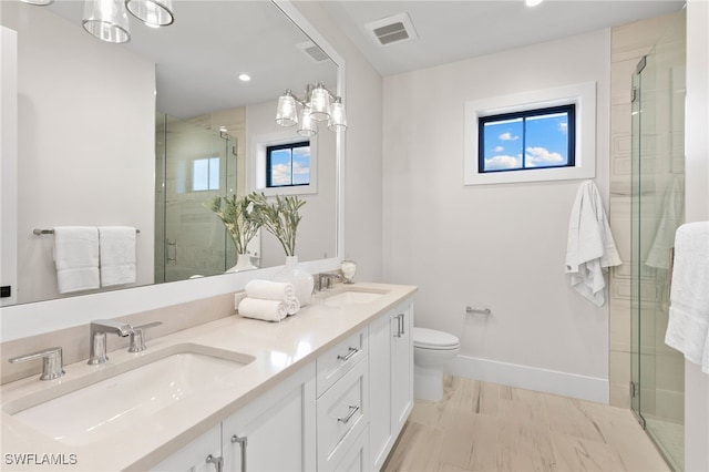 bathroom featuring a healthy amount of sunlight, vanity, toilet, and walk in shower