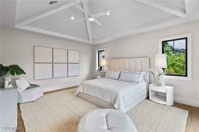 bedroom featuring hardwood / wood-style floors and ceiling fan