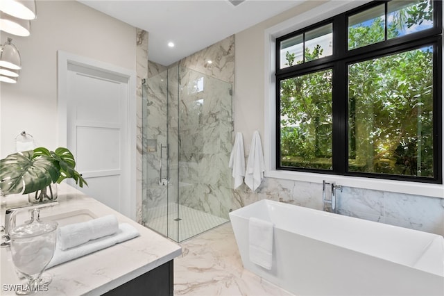 full bath with recessed lighting, a freestanding tub, a marble finish shower, and marble finish floor