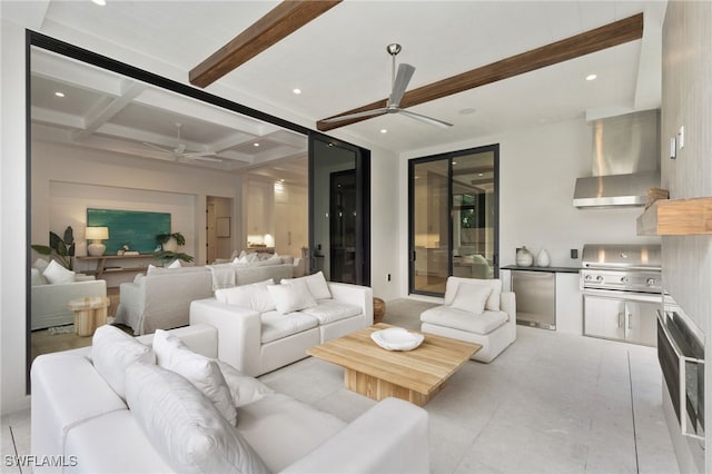 living area with a ceiling fan, recessed lighting, and beam ceiling