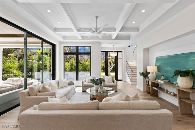 living room featuring recessed lighting, a ceiling fan, stairway, and beamed ceiling