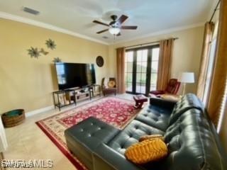 11947 Tulio Way Unit 4005, Fort Myers, FL 33912 - living room with ornamental molding, baseboards, and a ceiling fan