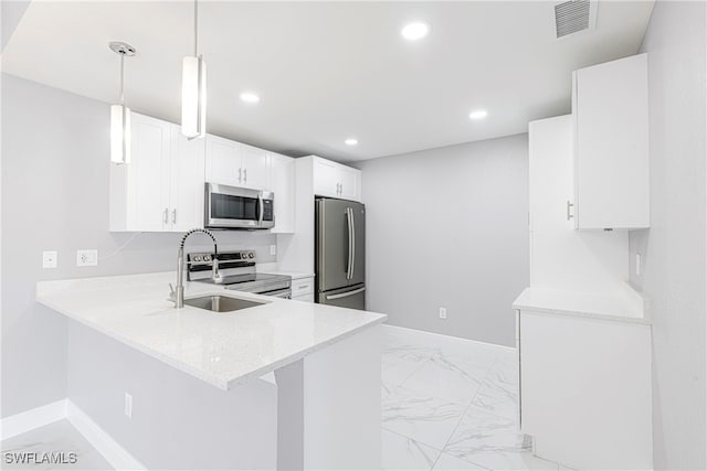 kitchen featuring white cabinetry, sink, hanging light fixtures, kitchen peninsula, and stainless steel appliances