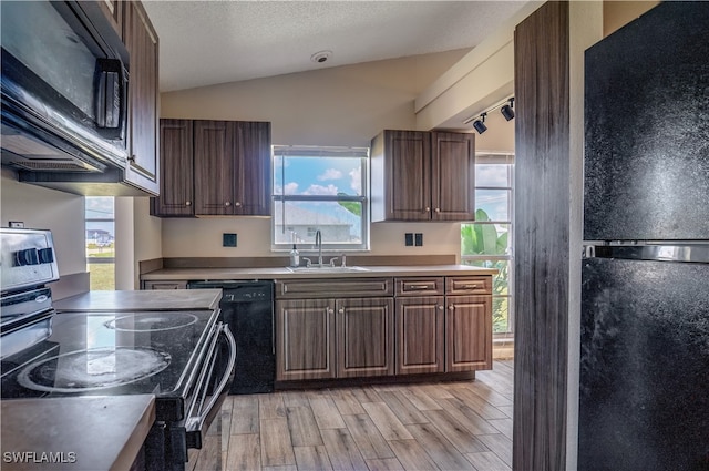 kitchen featuring light hardwood / wood-style floors, sink, lofted ceiling, black appliances, and dark brown cabinetry