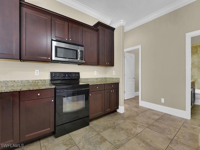 kitchen featuring light stone countertops, light tile patterned floors, black electric range, and crown molding