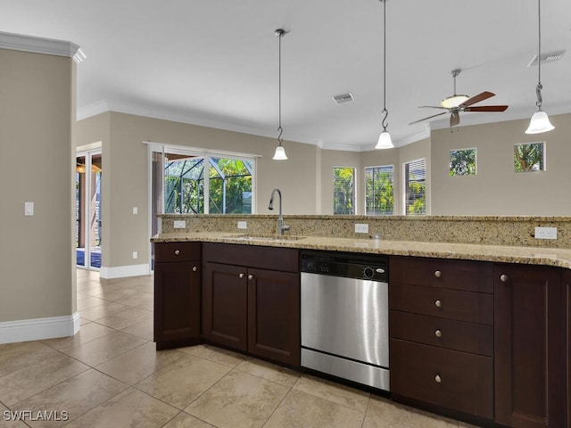 kitchen featuring ornamental molding, dishwasher, ceiling fan, and sink