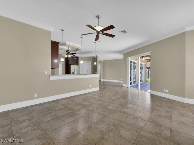 unfurnished living room featuring crown molding, ceiling fan, and tile patterned floors