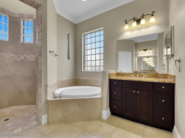 bathroom with tile patterned floors, separate shower and tub, vanity, and crown molding