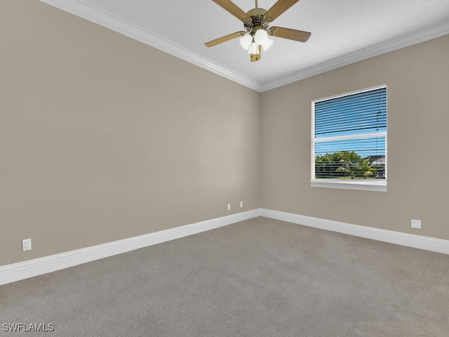 carpeted spare room featuring ornamental molding and ceiling fan