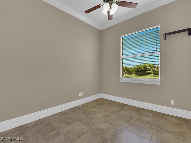 unfurnished room featuring ceiling fan and crown molding