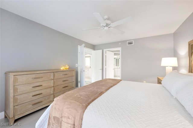 bedroom featuring ceiling fan and ensuite bathroom