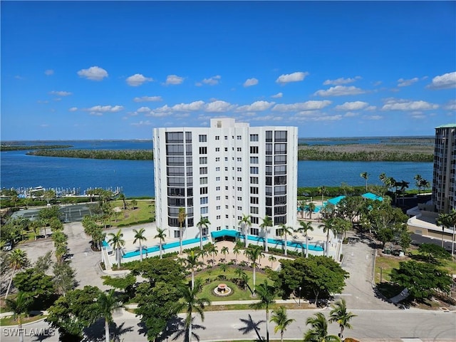 exterior space with a water view