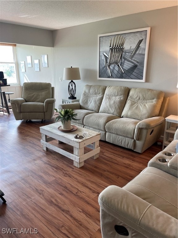 living room featuring a textured ceiling and dark wood-type flooring