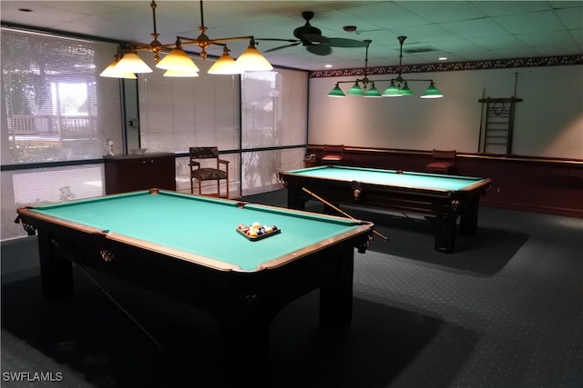 rec room with a drop ceiling, ceiling fan, and billiards