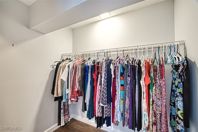 spacious closet featuring dark hardwood / wood-style floors