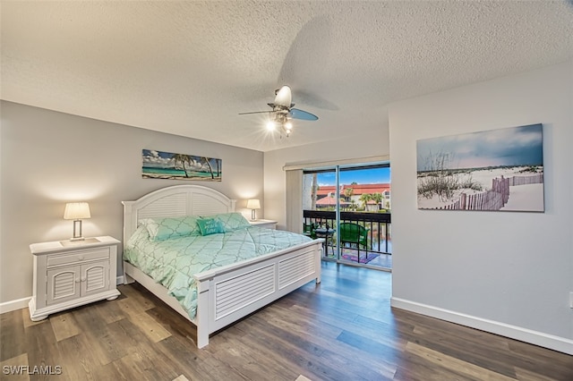 bedroom with access to exterior, a textured ceiling, dark hardwood / wood-style floors, and ceiling fan