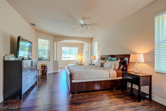 bedroom with multiple windows, dark hardwood / wood-style floors, and ceiling fan