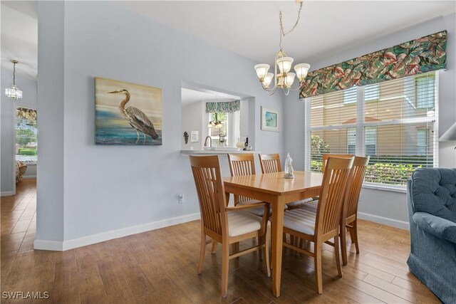 dining area featuring hardwood / wood-style flooring and a notable chandelier