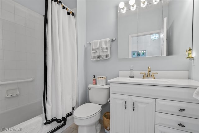 full bathroom with toilet, vanity, tile patterned flooring, and shower / bath combo with shower curtain