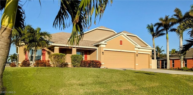 craftsman-style home featuring driveway, a front lawn, an attached garage, and stucco siding