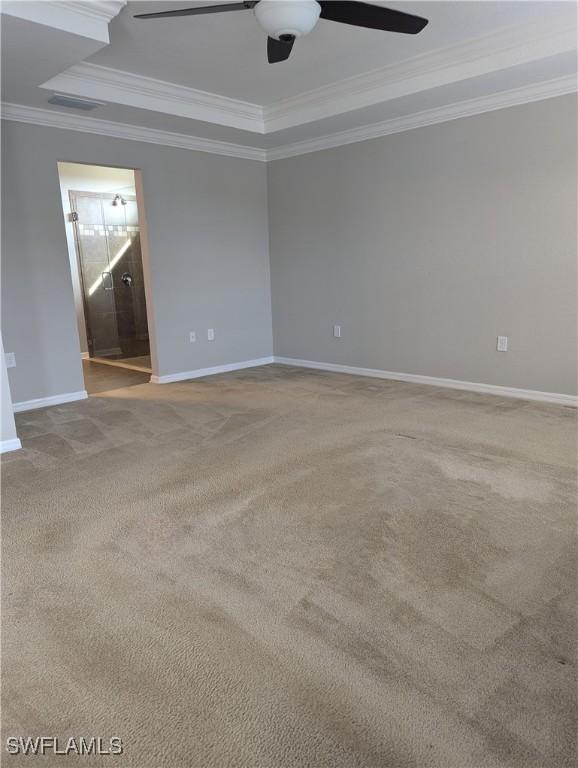 carpeted empty room with ornamental molding, ceiling fan, and a tray ceiling