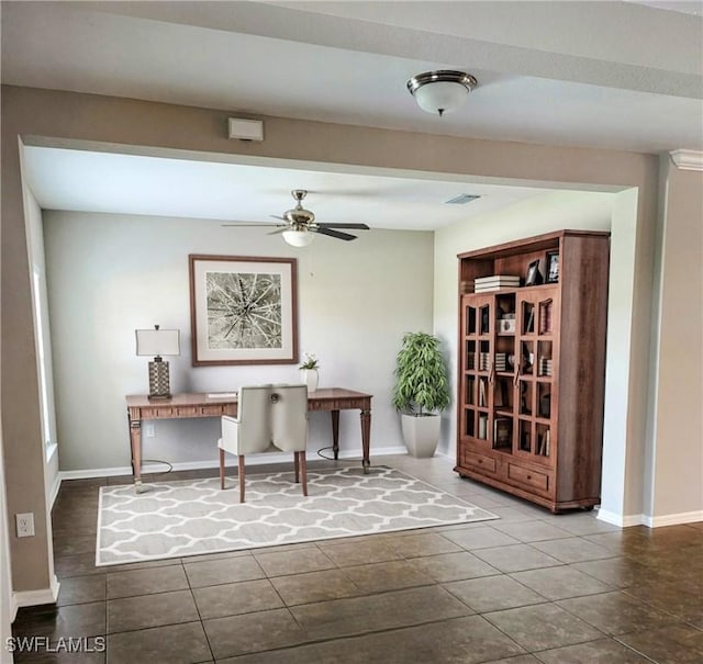 office area featuring tile patterned flooring and ceiling fan