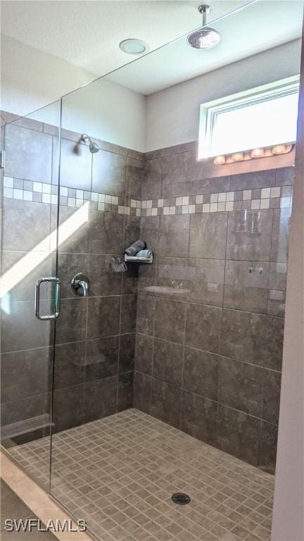 bathroom with a shower with shower door