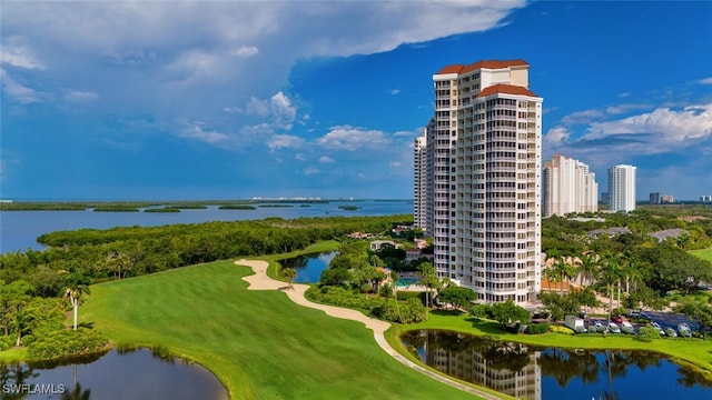 bird's eye view with a water view