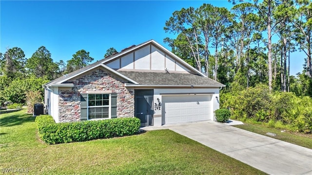 view of front facade with concrete driveway, stone siding, a front lawn, and an attached garage