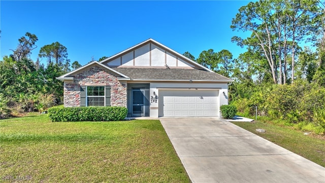 view of front of property featuring a garage, driveway, stone siding, stucco siding, and a front yard