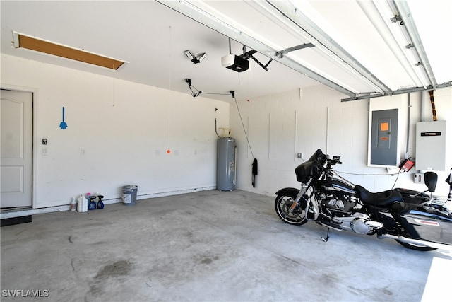 garage with a garage door opener, water heater, and electric panel