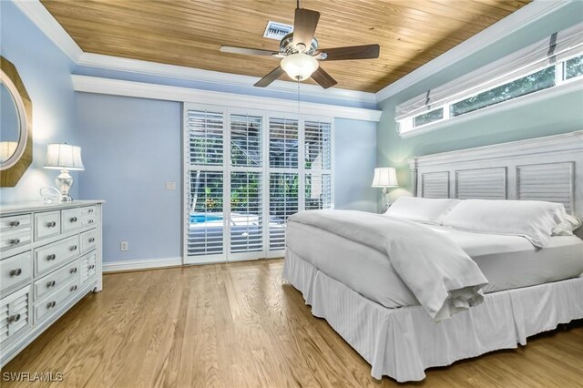 bedroom with access to outside, crown molding, light hardwood / wood-style flooring, ceiling fan, and wood ceiling