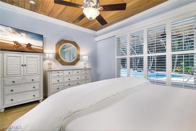 bedroom featuring wooden ceiling, access to outside, crown molding, ceiling fan, and light hardwood / wood-style floors