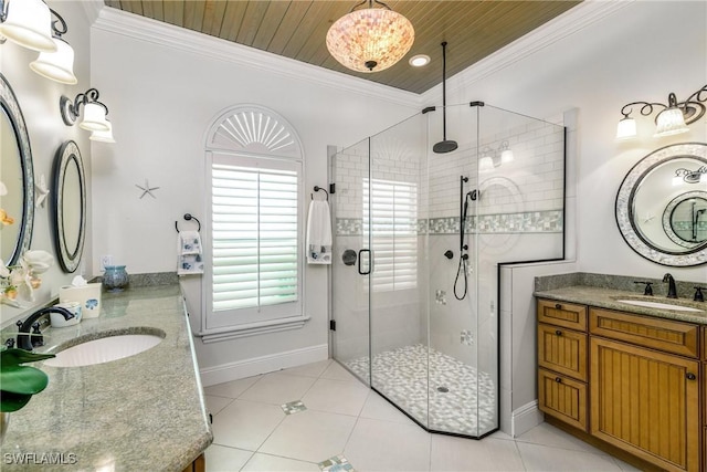 bathroom with vanity, a shower with door, tile patterned floors, ornamental molding, and wood ceiling