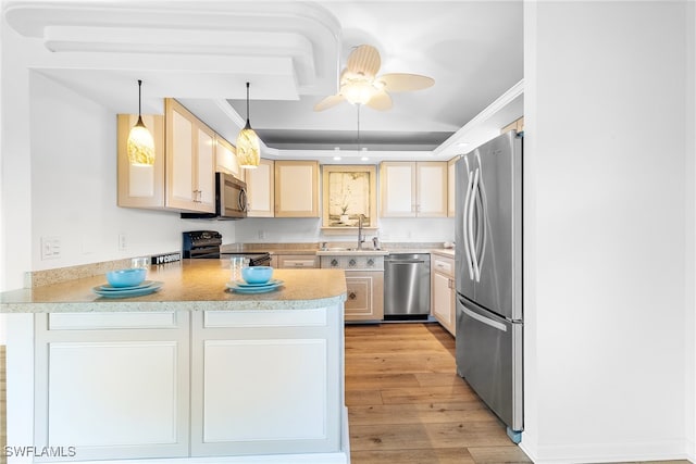 kitchen with kitchen peninsula, stainless steel appliances, light wood-type flooring, decorative light fixtures, and sink