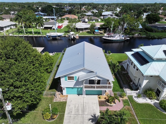 aerial view featuring a water view