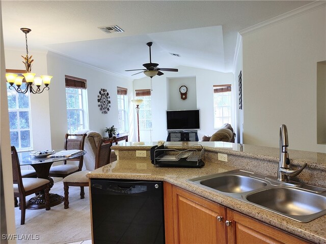 kitchen with ornamental molding, black dishwasher, ceiling fan with notable chandelier, and sink