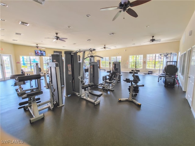 gym featuring ceiling fan and plenty of natural light