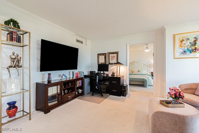 carpeted living room with ornamental molding