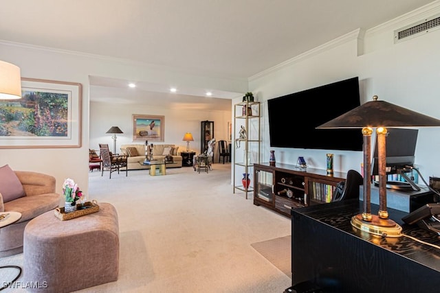 living room with ornamental molding and carpet flooring