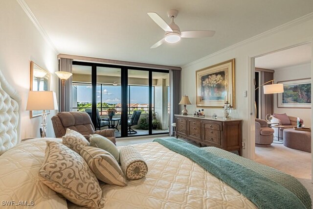 bedroom with ornamental molding, carpet, access to outside, and ceiling fan