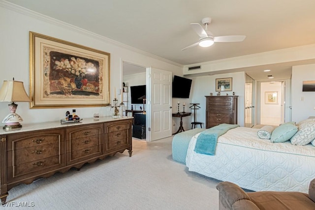 bedroom with light carpet and crown molding