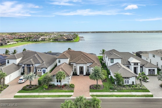 aerial view featuring a water view