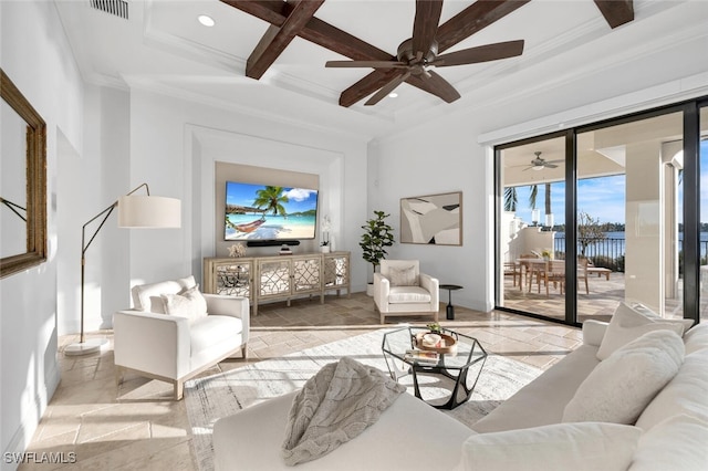 living room with coffered ceiling, beamed ceiling, ceiling fan, and crown molding