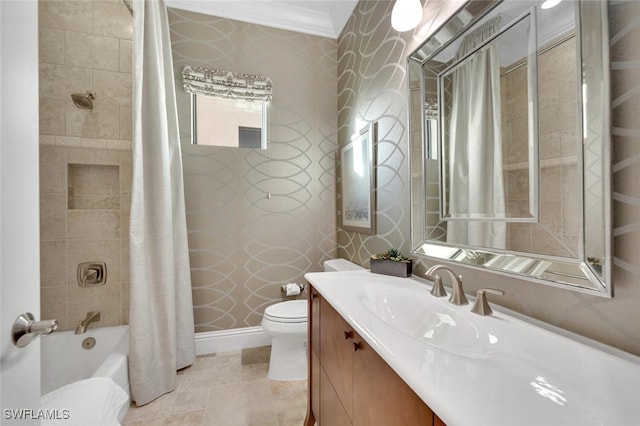 full bathroom with shower / bath combo with shower curtain, toilet, vanity, and ornamental molding