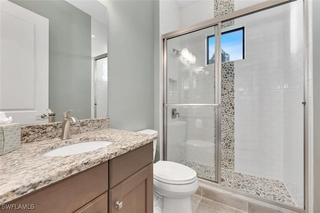 bathroom with tile patterned flooring, toilet, walk in shower, and vanity