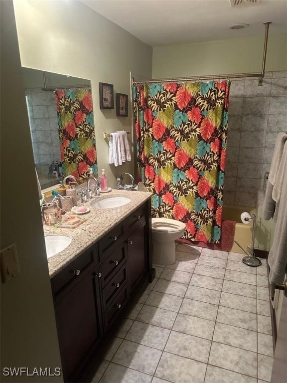 full bathroom with vanity, tile patterned flooring, toilet, and shower / tub combo