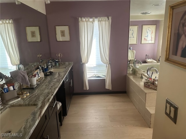 bathroom with a healthy amount of sunlight, vanity, and hardwood / wood-style floors