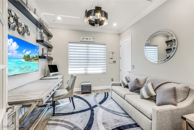 office area featuring hardwood / wood-style flooring and crown molding