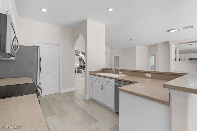 kitchen with sink, white cabinetry, appliances with stainless steel finishes, kitchen peninsula, and light hardwood / wood-style floors